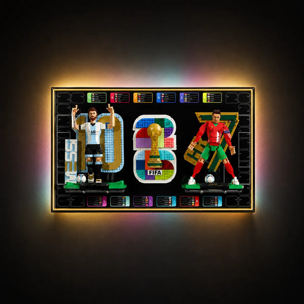 Wandrahmen für LEGO®  FIFA World Cup 2026 Emblem, Lionel Messi & Cristiano Ronaldo – Fußballlegenden (43032, 43015, 43016)