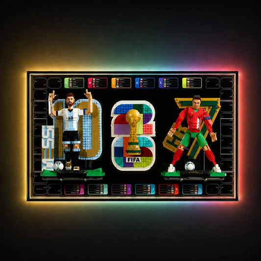Wandrahmen für LEGO®  FIFA World Cup 2026 Emblem, Lionel Messi & Cristiano Ronaldo – Fußballlegenden (43032, 43015, 43016)