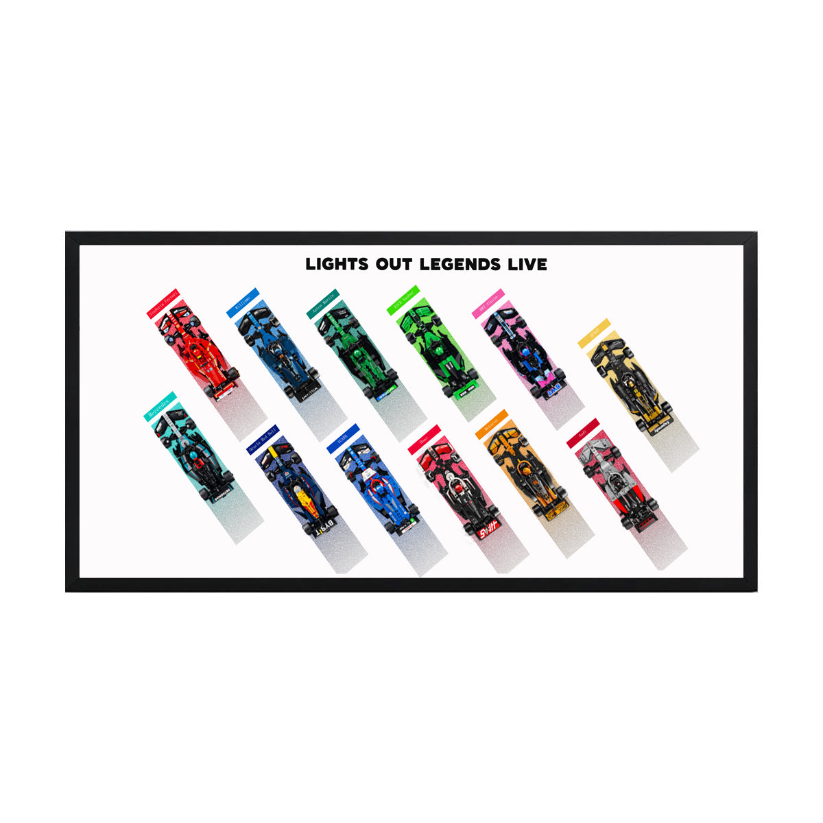 Wandrahmen für LEGO® Speed Champions F1 Kollektion | 12 Fahrzeuge | Legends Live | Weiß | 110 x 50 cm